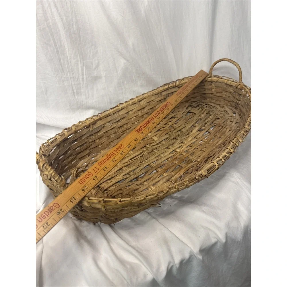 Antique Large Oval Oak Wood Splint Gathering Baguettes Basket Handles Primitive